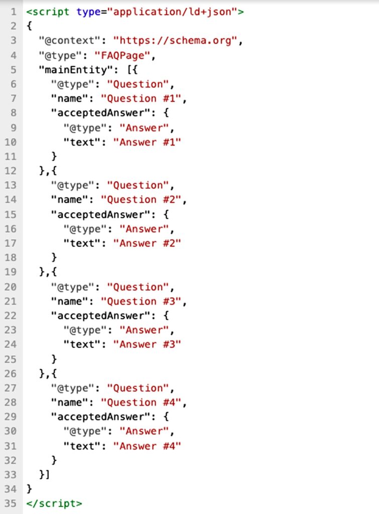 Sample FAQ schema JSON-LD script with multiple questions and answers added to a WordPress page.