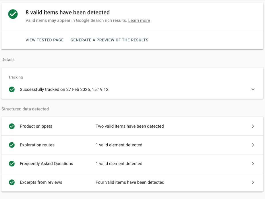 Google Rich Results Test confirming valid schema items detected after adding structured data in WordPress.