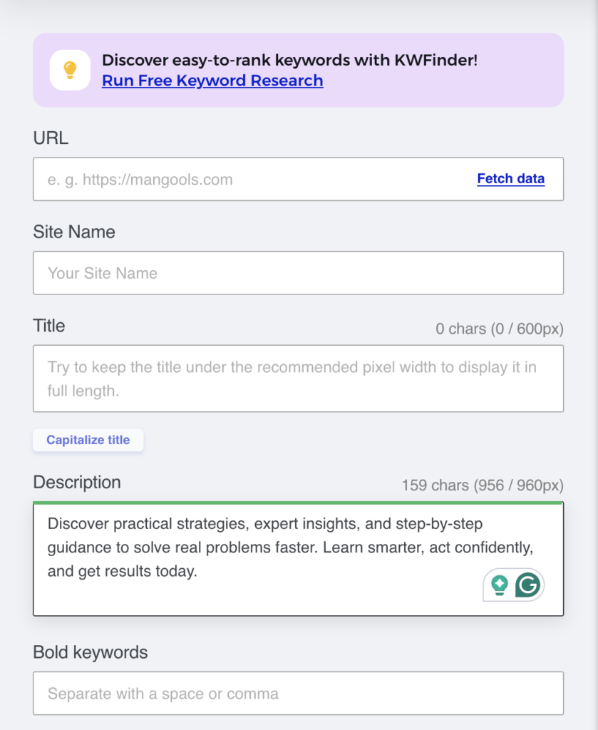 Mangools SERP snippet preview tool showing meta title and description length indicators for SEO optimization