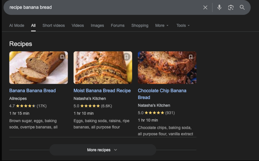 banana bread recipe rich snippets in Google results