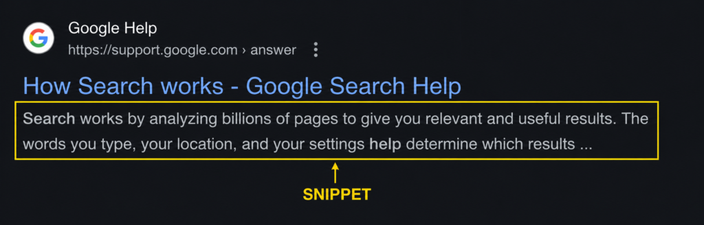 Google search result showing a highlighted snippet beneath the page title, illustrating where a meta description appears in search results.