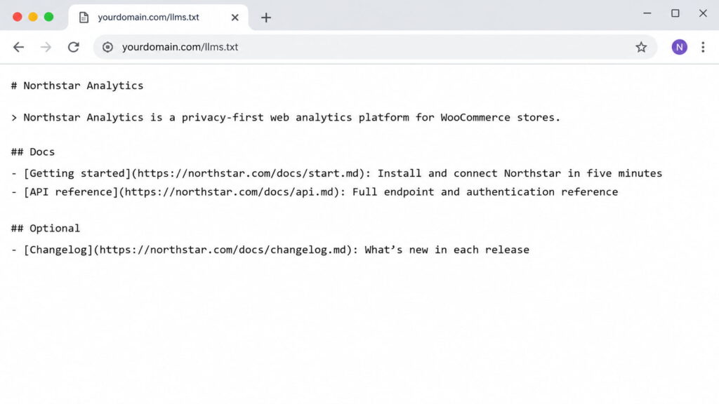 Desktop web browser displaying a raw llms.txt file at yourdomain.com/llms.txt, showing plain-text markdown content for Northstar Analytics with documentation links rendered in a standard browser tab on a white background.