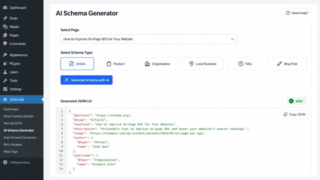 AI Schema Generator dashboard in a WordPress-style plugin showing schema type selection, JSON-LD code output, and a valid schema status badge.