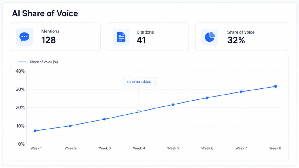 AI Share of Voice analytics dashboard showing an upward trend over eight weeks, with metrics for mentions, citations, and share of voice.