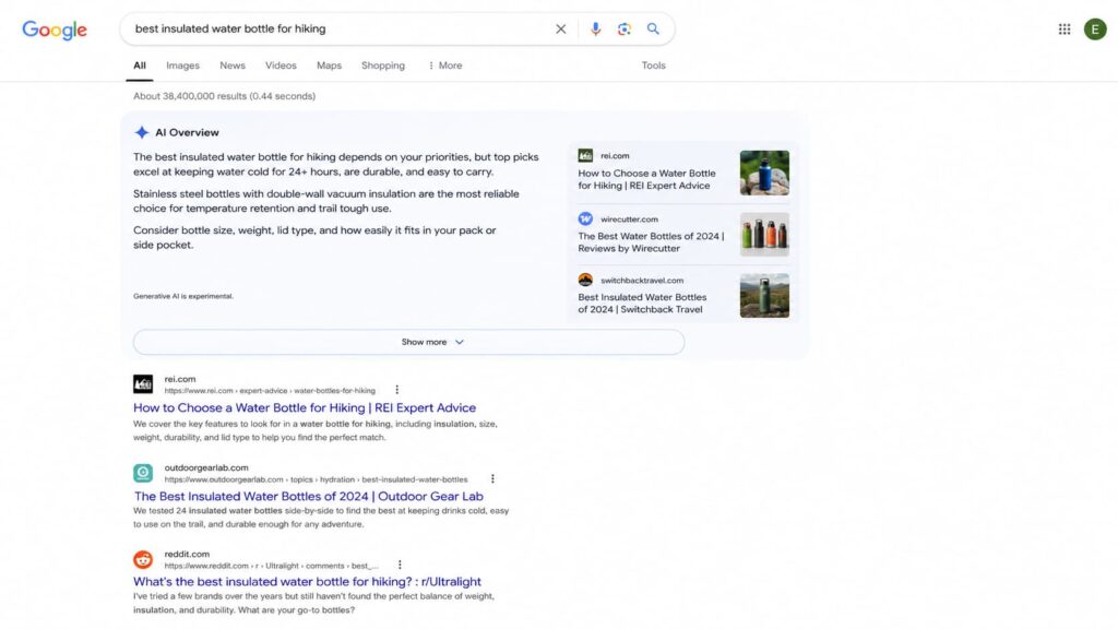 An AI Overview answers the query inline and cites a few sources, pushing the classic organic results down the page