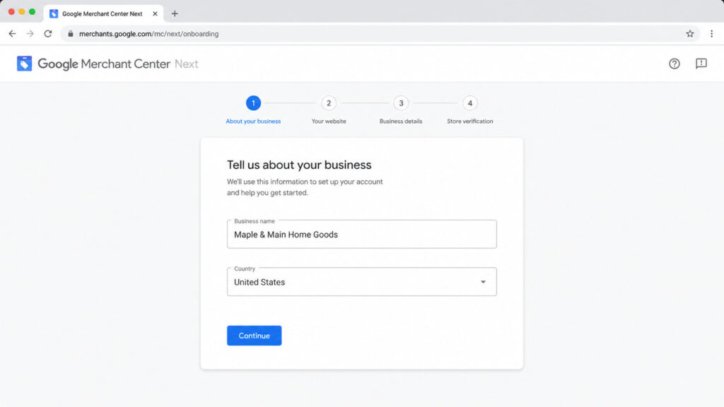 Google Merchant Center Next onboarding screen with business name and country setup form.