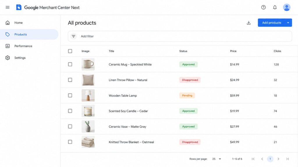Google Merchant Center product list showing approved, pending, and disapproved items.