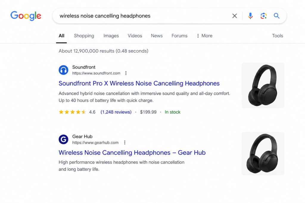 Google search results comparing a rich product result with a standard listing.