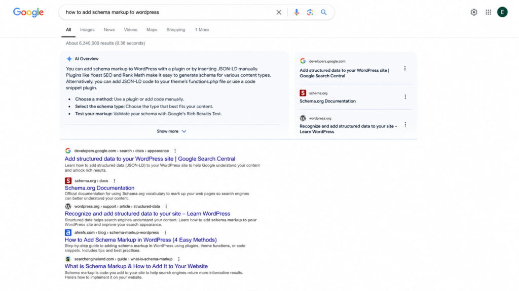 Google search results for "how to add schema markup to WordPress" with AI Overview and organic listings.