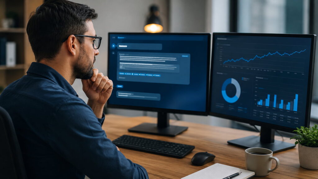Marketing professional reviewing AI-generated search answers and analytics data on dual monitors in a modern office workspace.