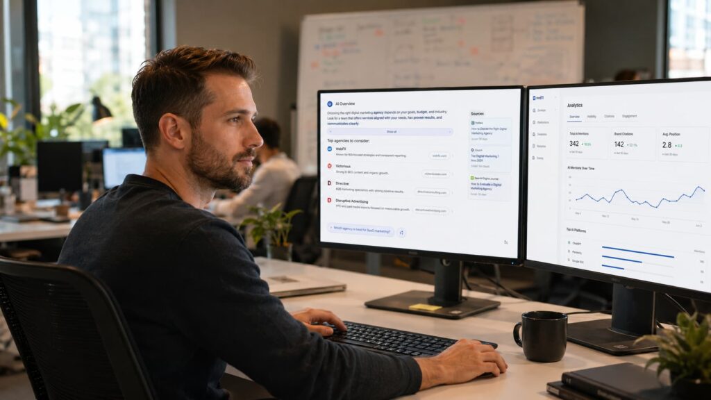 Marketing professional reviewing AI search citations and analytics.