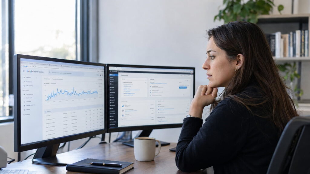 SEO specialist reviewing Google Search Console and WordPress dashboards in a modern office.