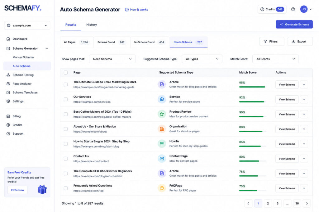 Schemafy Auto Schema Generator showing pages that need schema with suggested types and match scores.