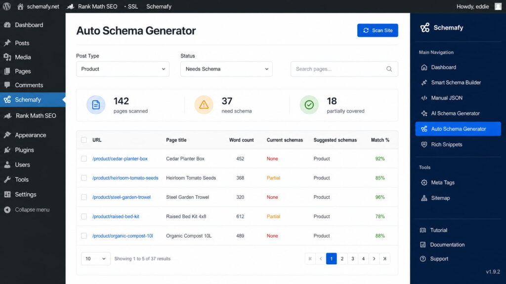 Schemafy Auto Schema Generator showing product pages that need Product schema markup.