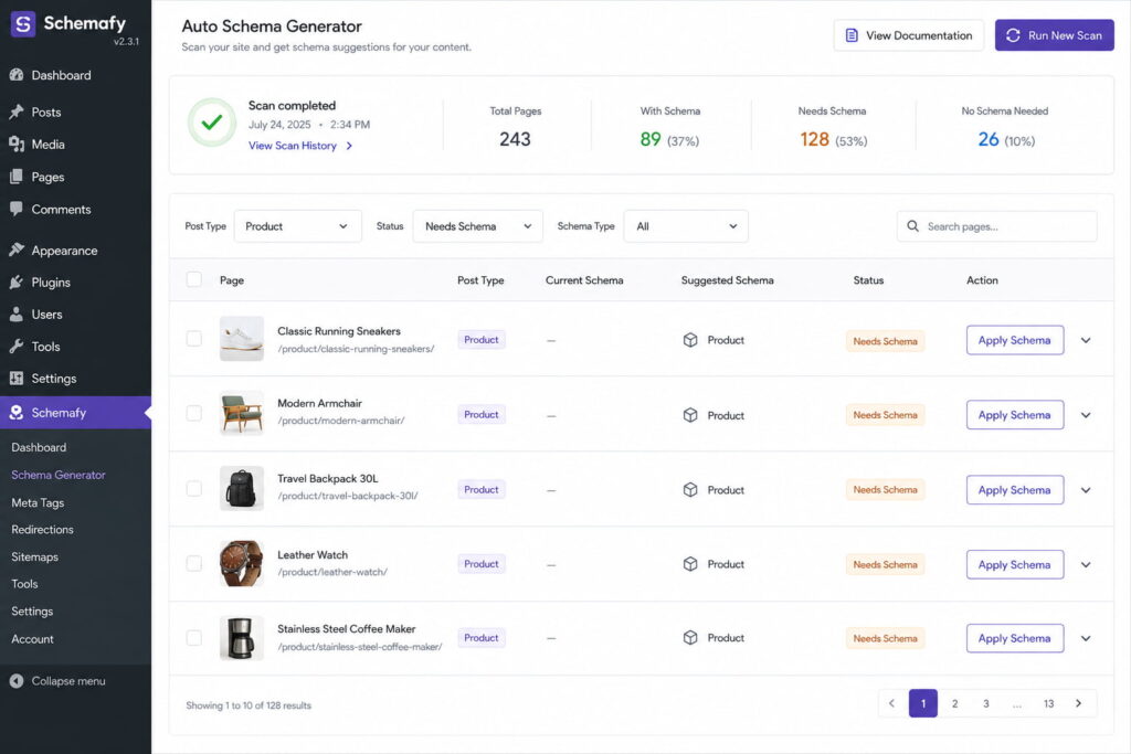 Schemafy Auto Schema Generator showing product pages that need schema.