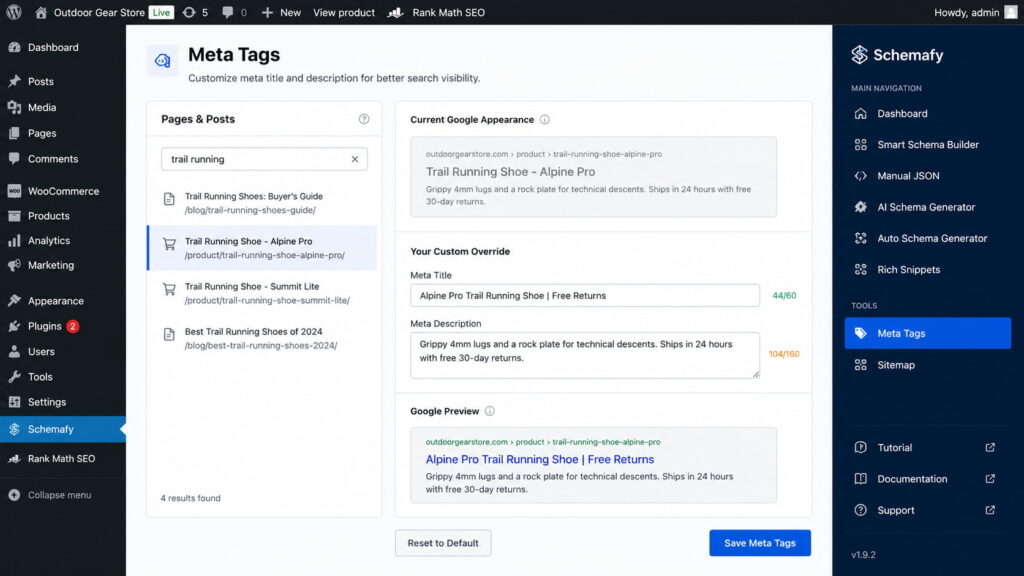 Schemafy Meta Tags editor for a WooCommerce product in WordPress.
