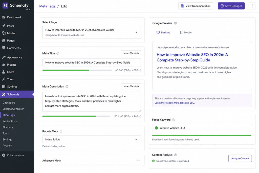 Schemafy Meta Tags screen with SEO fields and Google SERP preview.