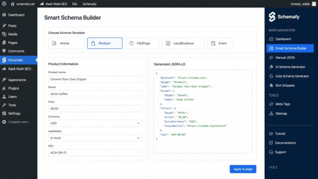 Schemafy's Smart Schema Builder generates valid Product JSON-LD from a plain form, no code required.
