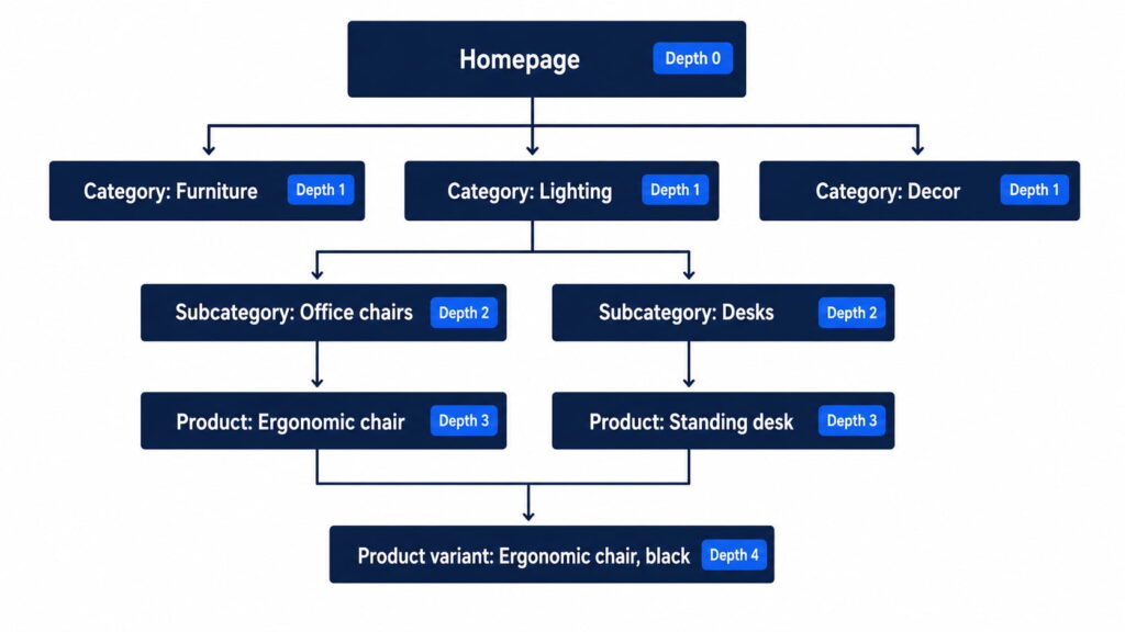 Website crawl depth hierarchy diagram for an online store