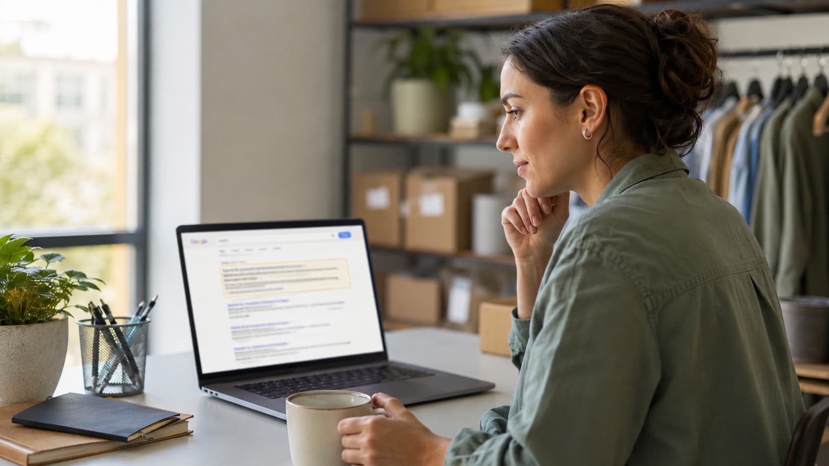 Ecommerce store owner reviewing AI search results on a laptop while working on her AI SEO strategy