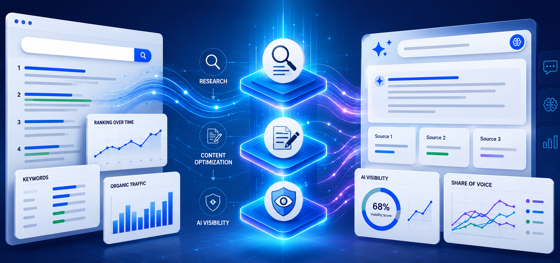 AI SEO software workflow showing traditional search rankings, content optimization, and AI visibility tracking across generative search platforms in 2026.