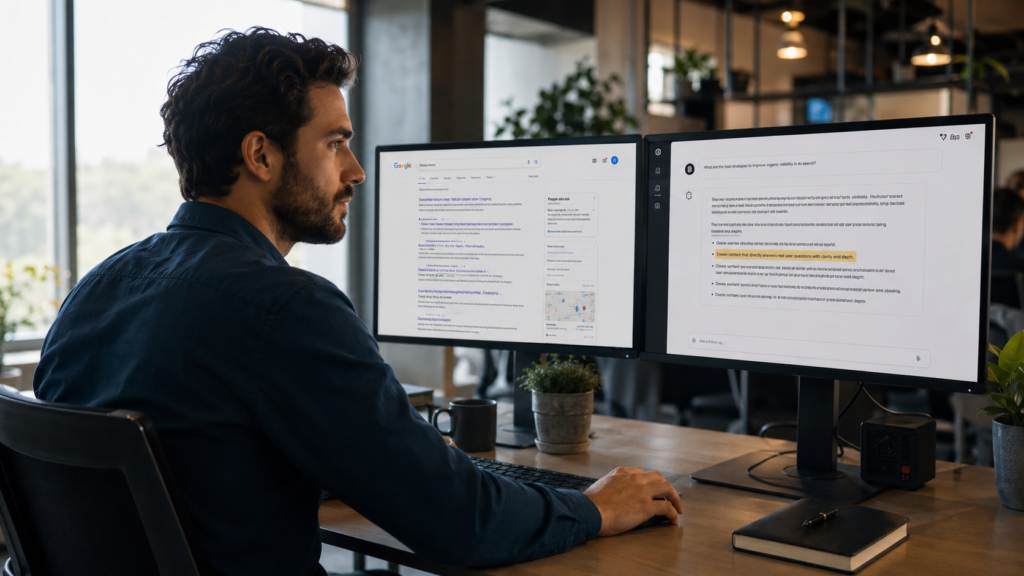 Marketing professional viewing Google search results and an AI-generated answer on dual monitors.