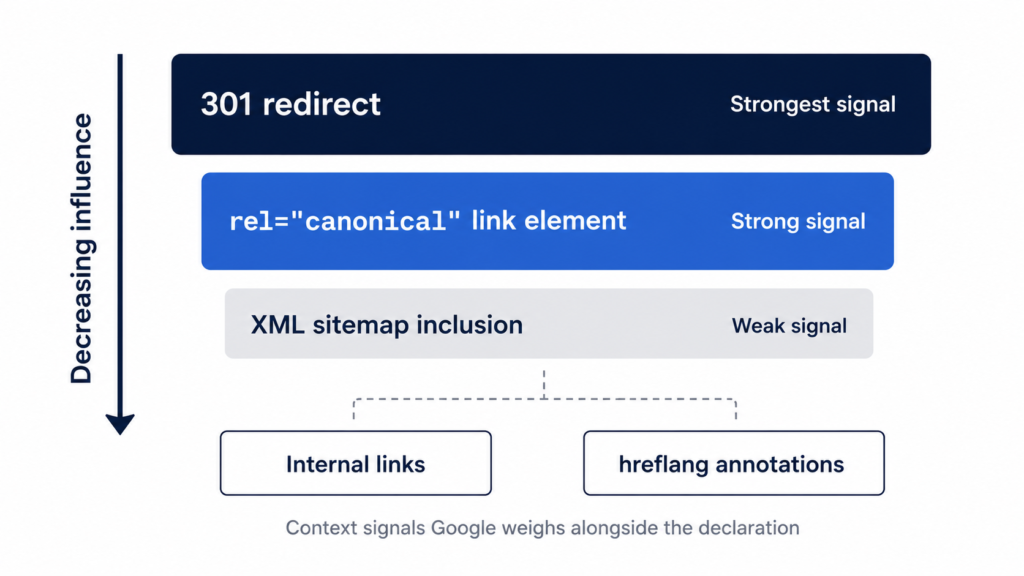 Diagram showing the strength of Google's canonicalization signals.