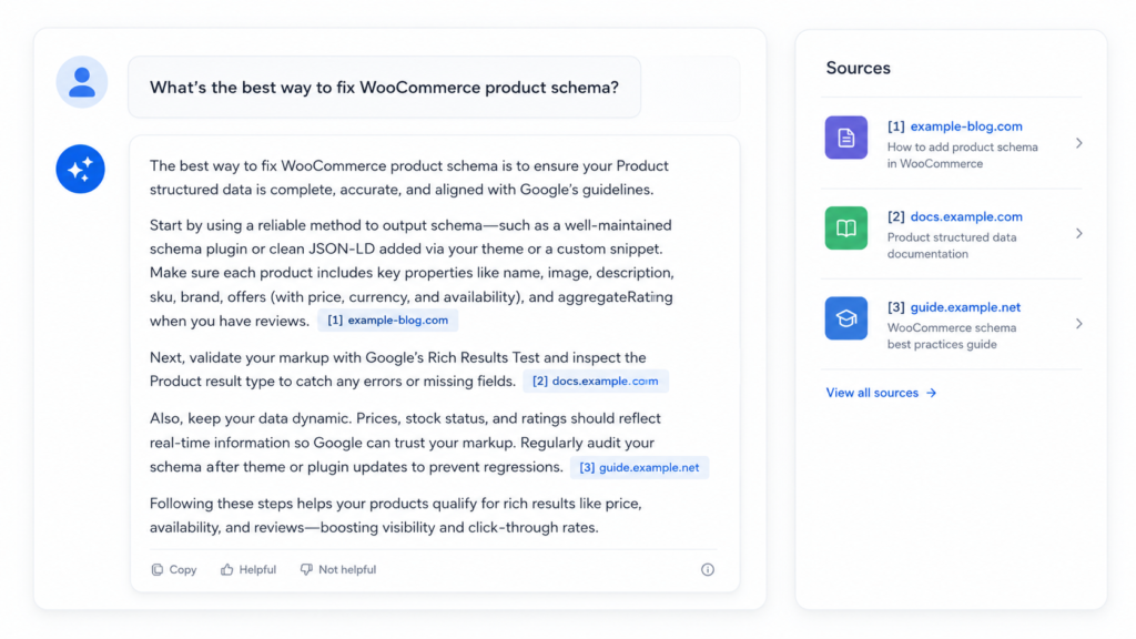 AI-generated answer highlighting cited sources in a generative search engine