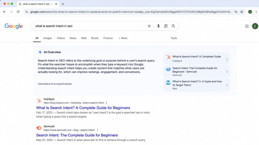 Google search results showing an AI Overview for “what is search intent in SEO.
