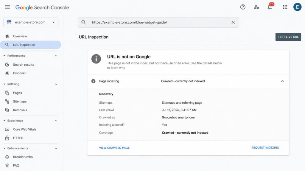Google Search Console URL Inspection showing a crawled page that is currently not indexed.