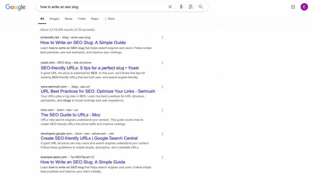 Google search results showing clean SEO slugs versus an auto-generated URL.