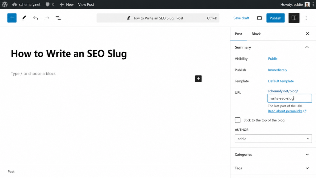  WordPress editor showing how to edit an SEO slug.