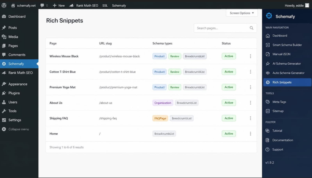 Schemafy's Rich Snippets screen shows every schema type applied across a WooCommerce store in one view.