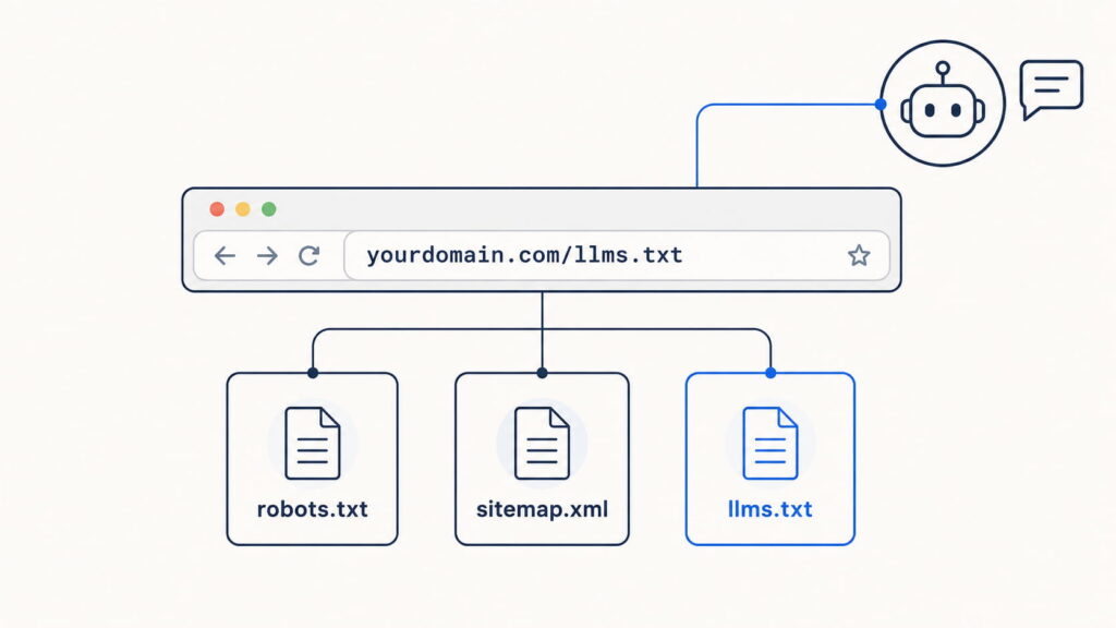 Illustration of a browser address bar displaying “yourdomain.com/llms.txt” connected to three website files—robots.txt, sitemap.xml, and a highlighted llms.txt—linked to an AI assistant icon, showing how AI systems access website information through structured files.