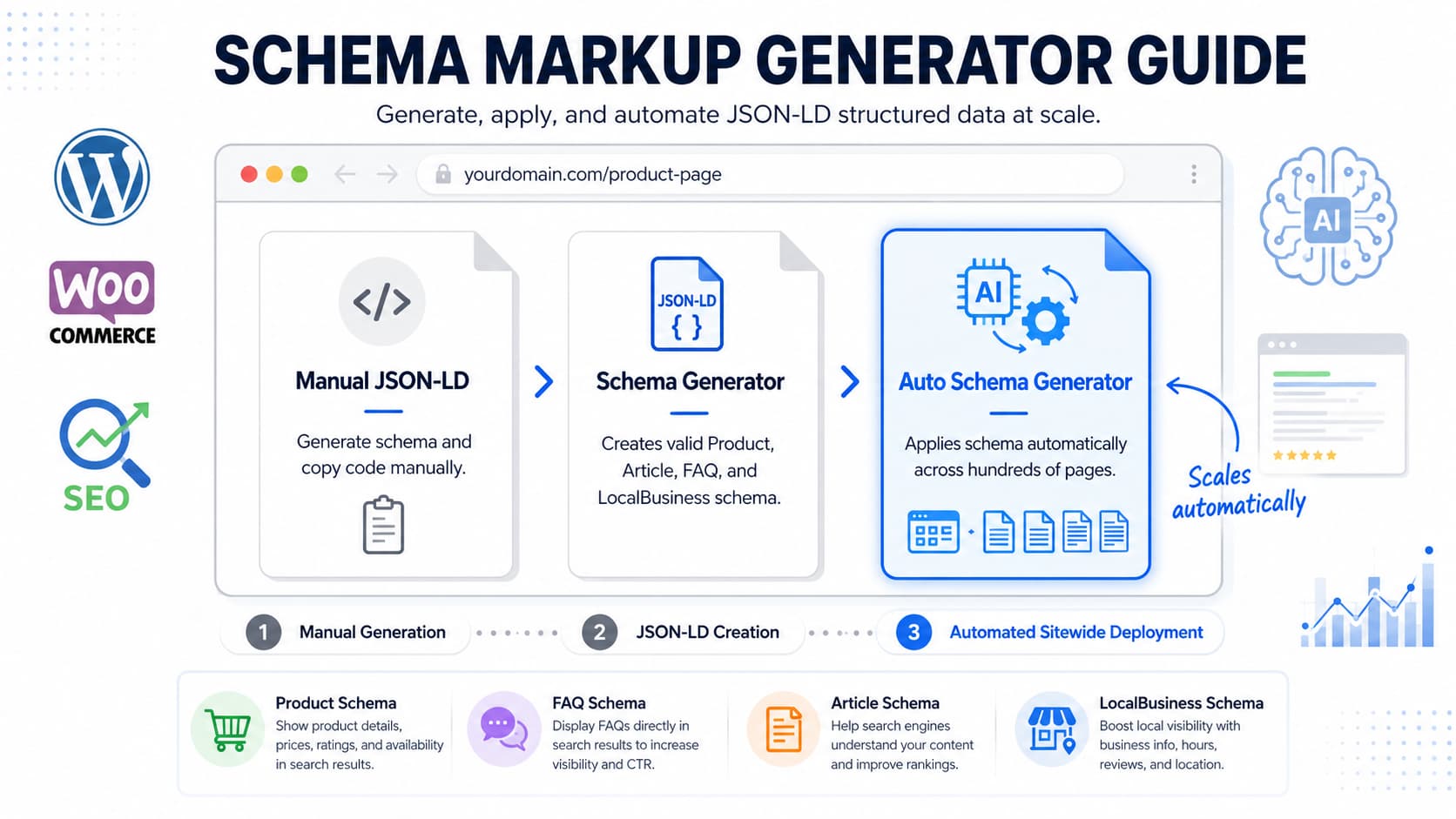 Diagram showing how a schema markup generator creates JSON-LD structured data and how an auto schema generator applies schema across multiple WordPress pages automatically.